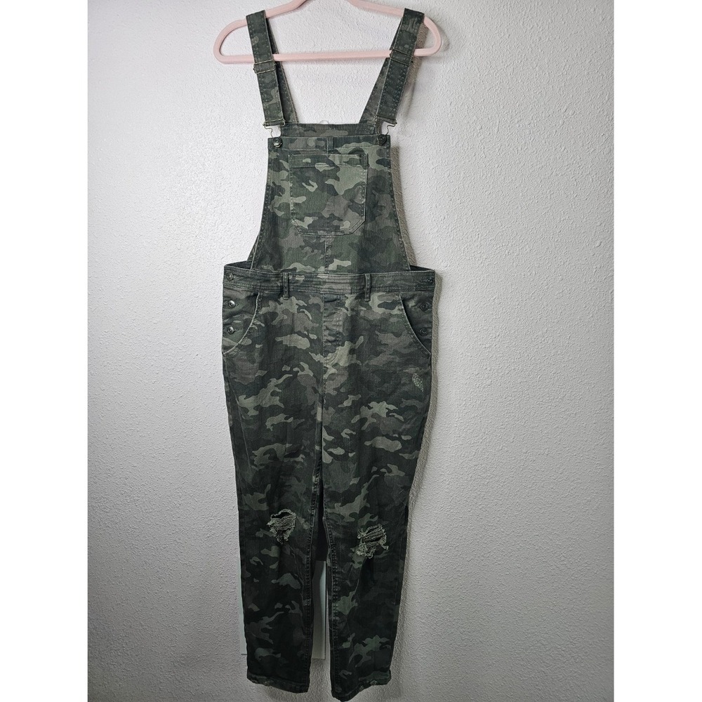 No Boundaries Womens XXL 19 Camo Denim Overalls Distressed Green Camouflage Bib‎